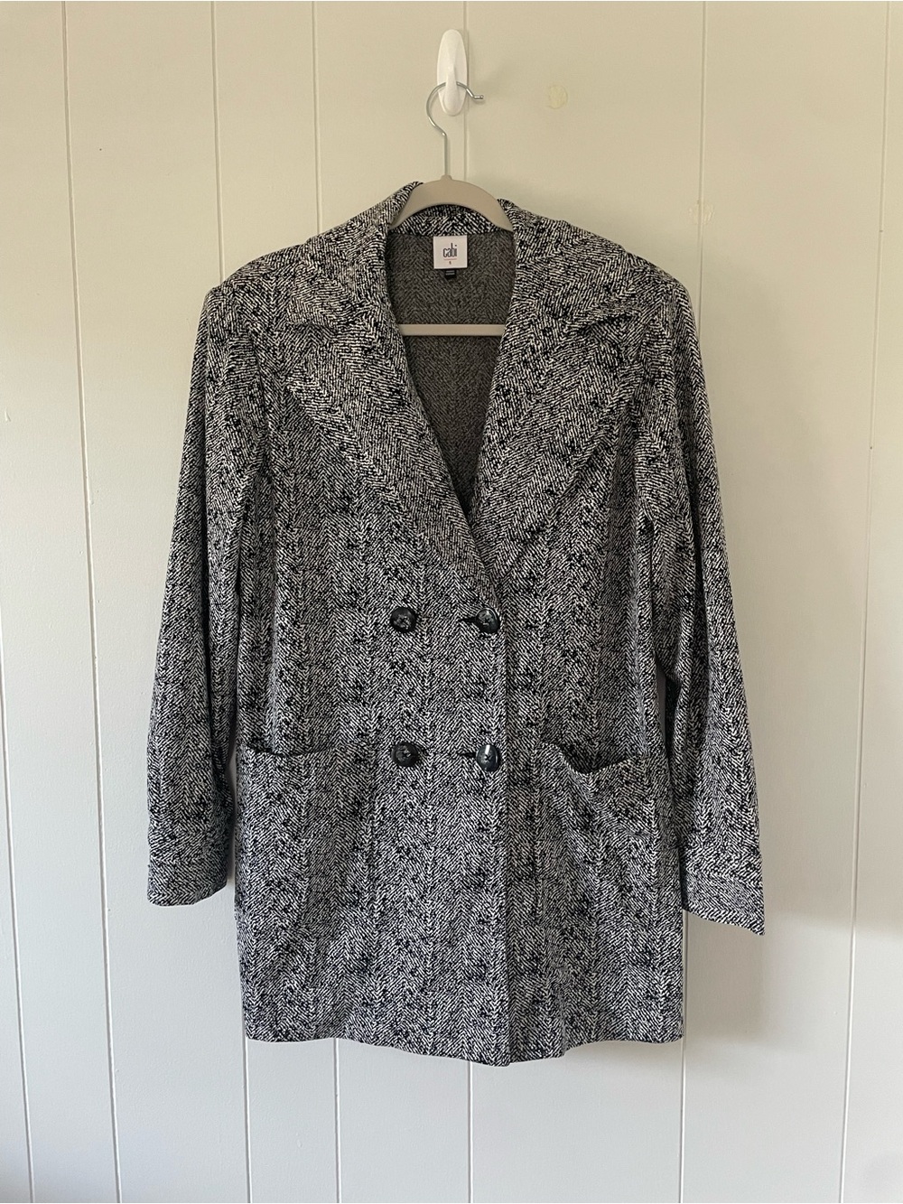 Cabi Black White Herringbone Double Breasted Blazer Jacket Petite Small